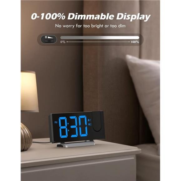 Projection Alarm Clock with FM Radio,USB Charging Port,0-100% Dimmer,Dual Alarms - Picture 2 of 5